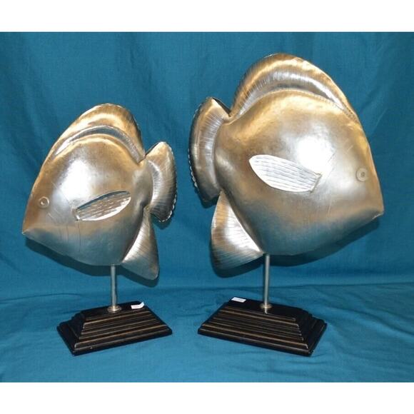 2 Pc Metal /Wood Fish Decor Large Modern Bookshelf Decor Beach Silver Nautical - Picture 1 of 7